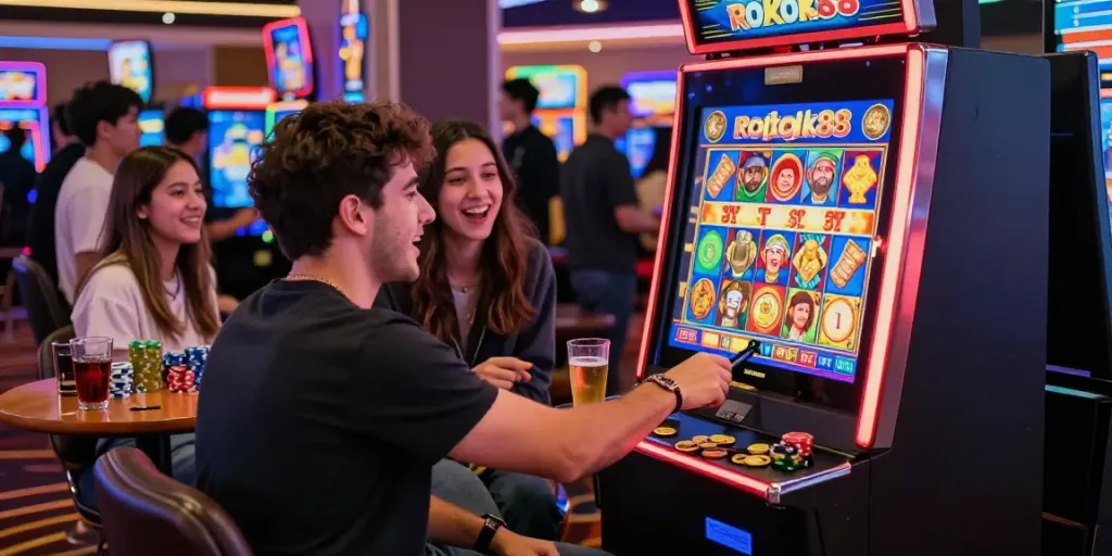 Thrilling rokok88 slot machine experience with friends celebrating a jackpot win in a vibrant casino setting.