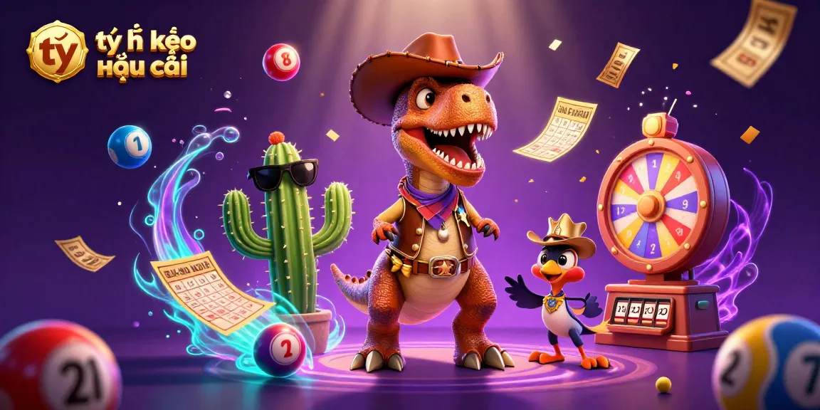 Engage with tỷ lệ kèo nhà cái through this fun illustration featuring a T-Rex cowboy, lottery balls, and dynamic casino elements.