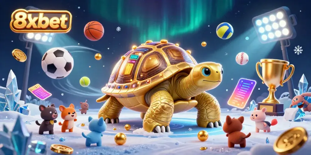 Engage with 8xbet’s lively gaming scene as animals enjoy a pinball machine tortoise amidst sports elements.