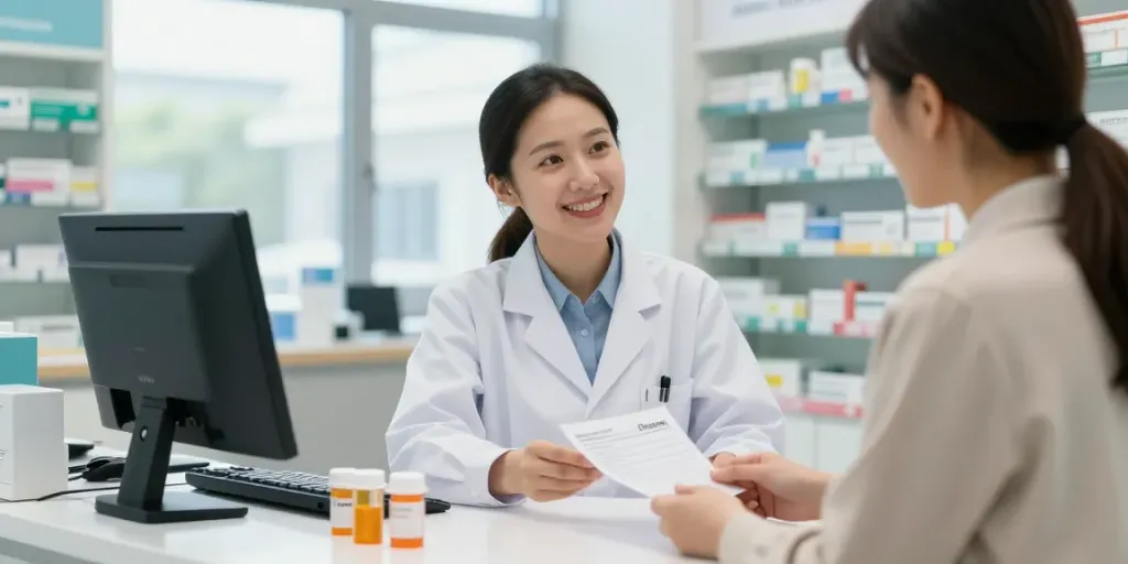 Where To Buy Diazepam in a pharmacy consultation showcasing friendly pharmacist helping a patient.