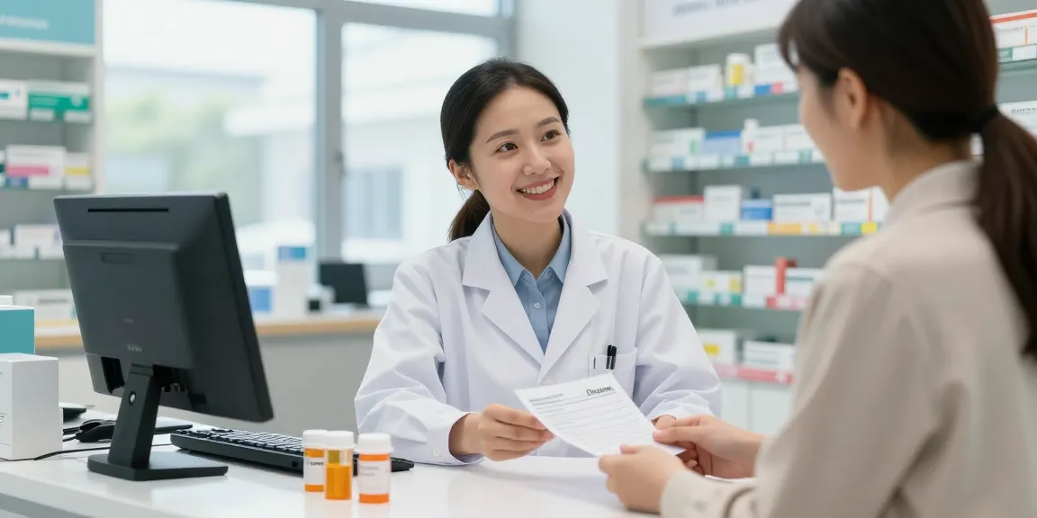 Where To Buy Diazepam in a pharmacy consultation showcasing friendly pharmacist helping a patient.