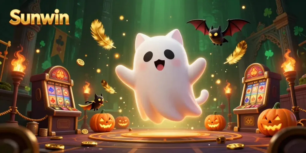 Experience thrilling gameplay at Sunwin with a playful ghost cat and a vampire bat surrounded by casino elements.