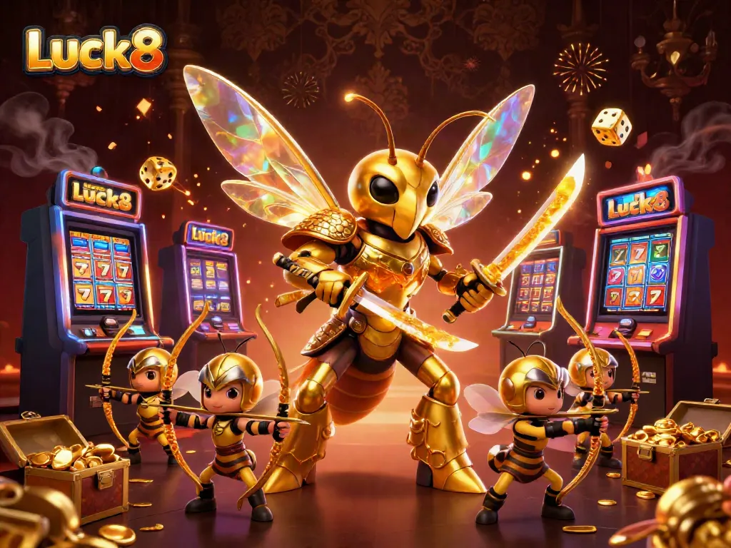 Experience the vibrant charm of Luck8 with samurai bees and animated slot machines in an enchanting casino scene.