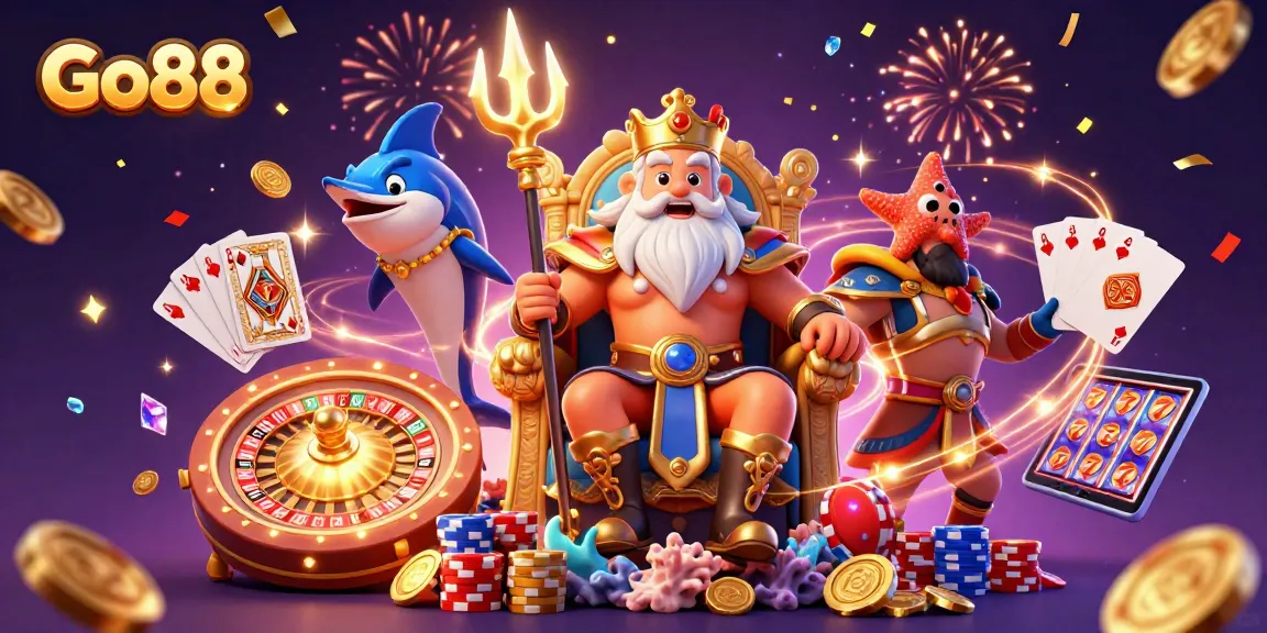 Conquer jackpots and winning odds at Go88, featuring Neptune in a vibrant casino scene with animated games.