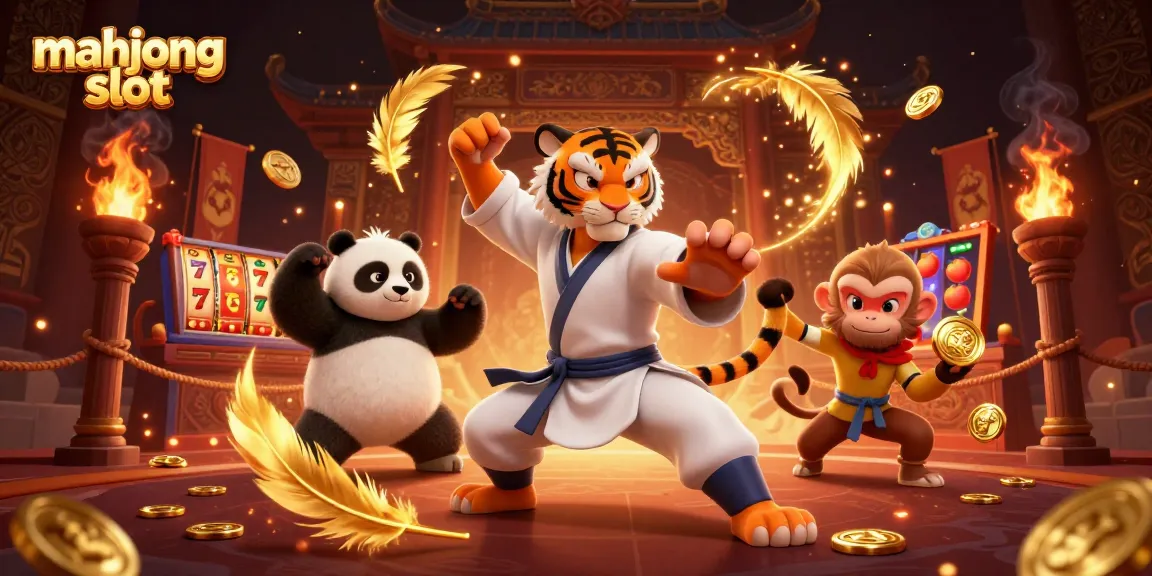 Experience the excitement of mahjong slot with a 3D kung fu tiger master amidst vibrant casino elements.