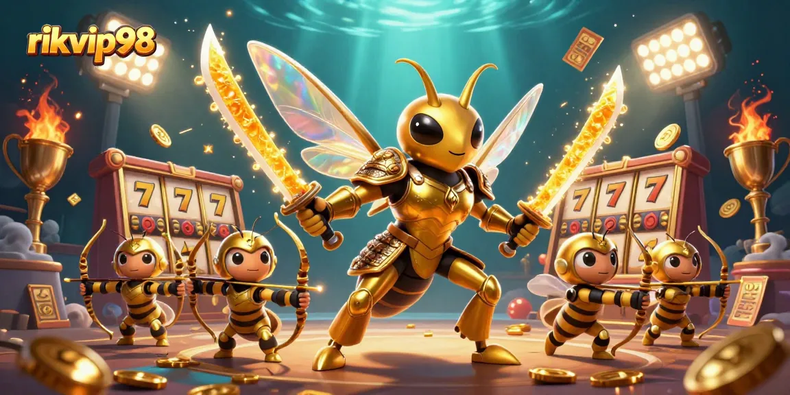 Win big with rikvip98 in this vibrant casino scene showcasing gold and dynamic gaming elements.