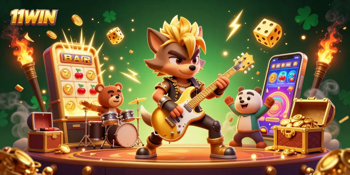 Join the excitement at 11WIN with a rock star wolf and bear drummer amid jackpot thrills!
