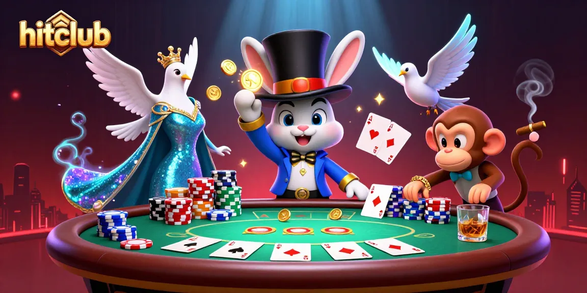 Hitclub players celebrate winning with a magician rabbit, dove, and monkey at a poker table, surrounded by coins and chips.