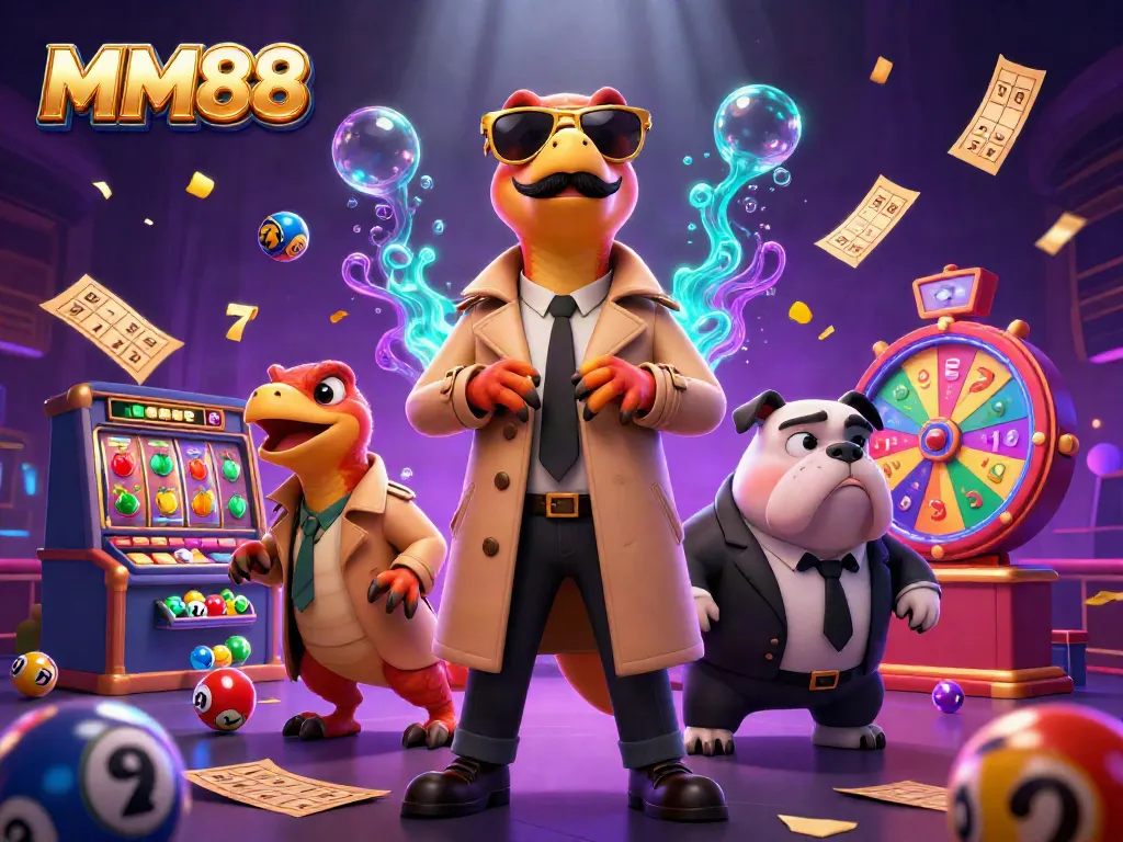 Engage with MM88 at a lively casino scene featuring raptors and dynamic gaming elements.