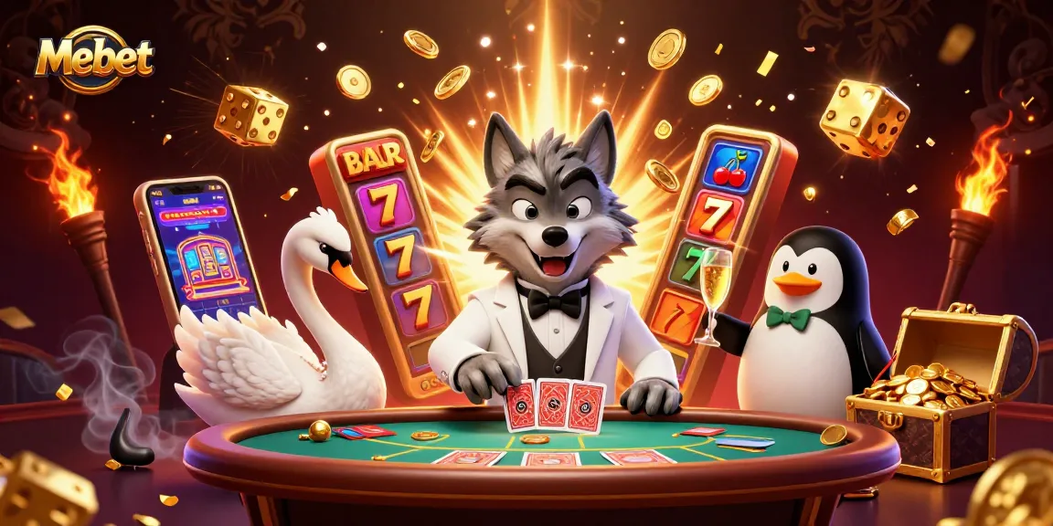 Mebet showcases thrilling casino excitement with a debonair wolf and elegant characters celebrating at a baccarat table.