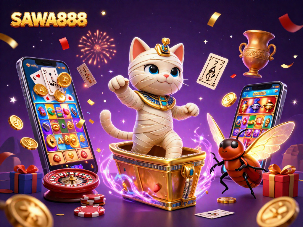 Experience SAWA888 with a vibrant scene featuring a mummy cat and scarab in a pyramid casino environment.