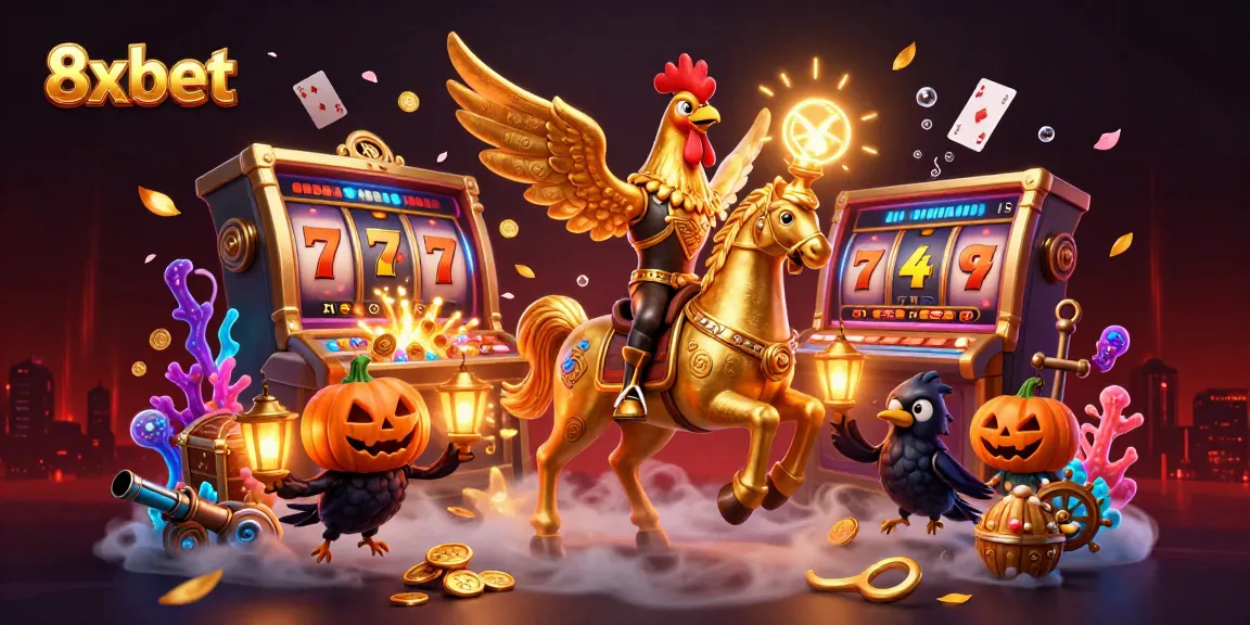 Experience the excitement of 8xbet's lively casino environment featuring a golden rooster and mystical elements.