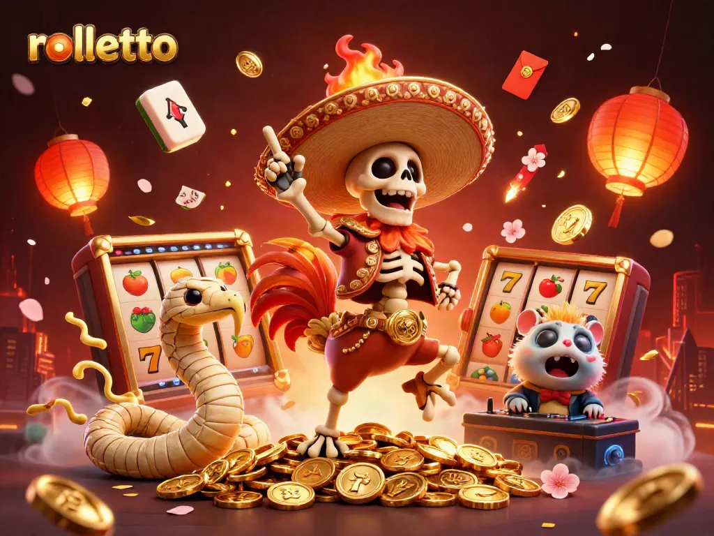 Rolletto casino excitement with a vibrant scene featuring game elements and characters celebrating.