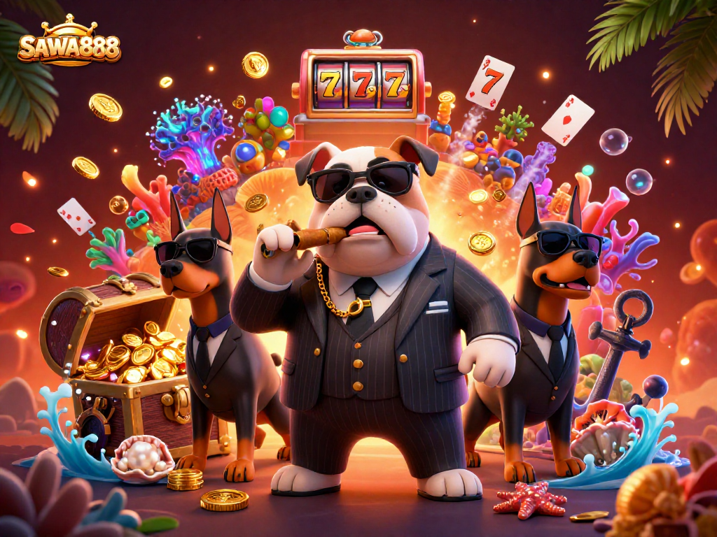 Engage with SAWA888's thrilling slot reels and treasures through vibrant 3D casino illustration.