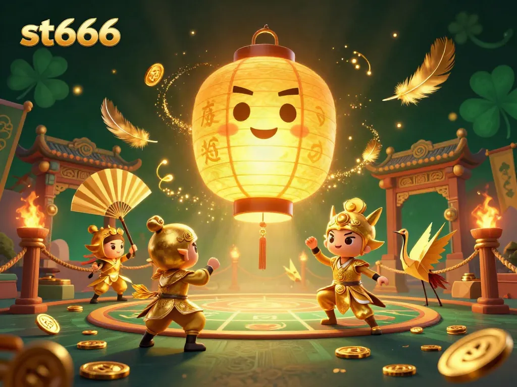 Engage in thrilling games at st666, where the illuminated golden lantern spirit and warriors create a vibrant casino atmosphere.