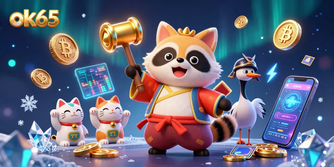 Experience the excitement of gambling with ok65, featuring vibrant characters and dazzling crypto elements.
