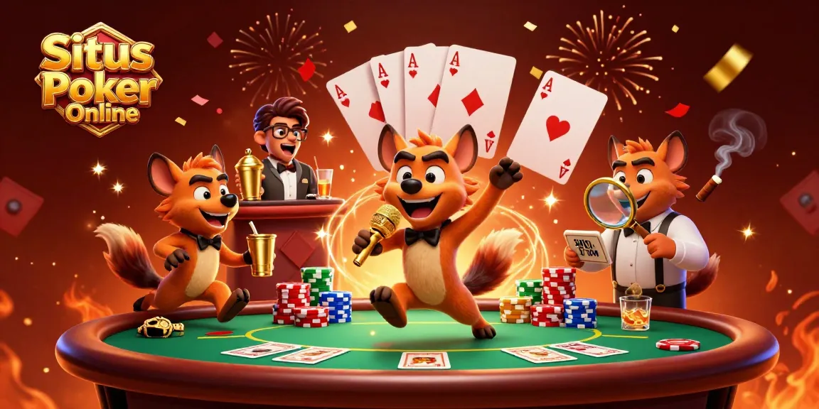 Situs Poker Online, enjoy a lively poker scene with cartoon hyenas performing comedy.