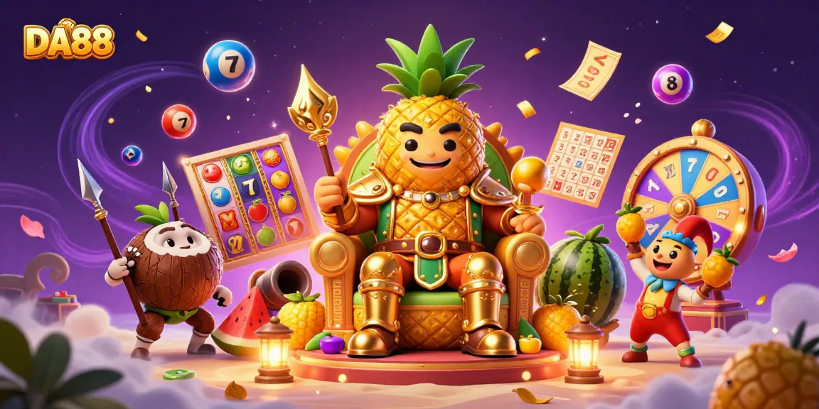 Experience the thrill of DA88 as the golden pineapple king rolls the slots with a coconut army at a beach casino.