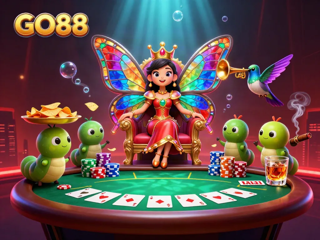 Experience thrilling gameplay with GO88's 3D casino world featuring poker elements and vibrant characters.