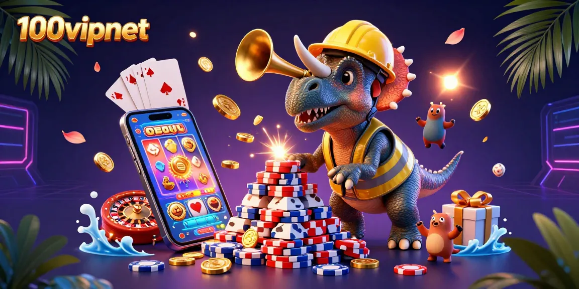 Engage with 100vipnet as a 3D dinosaur builds poker chips while celebrating gambling success.