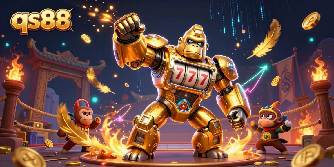 qs88 monkey pilot in golden gorilla mech launching coins in a lively casino scene