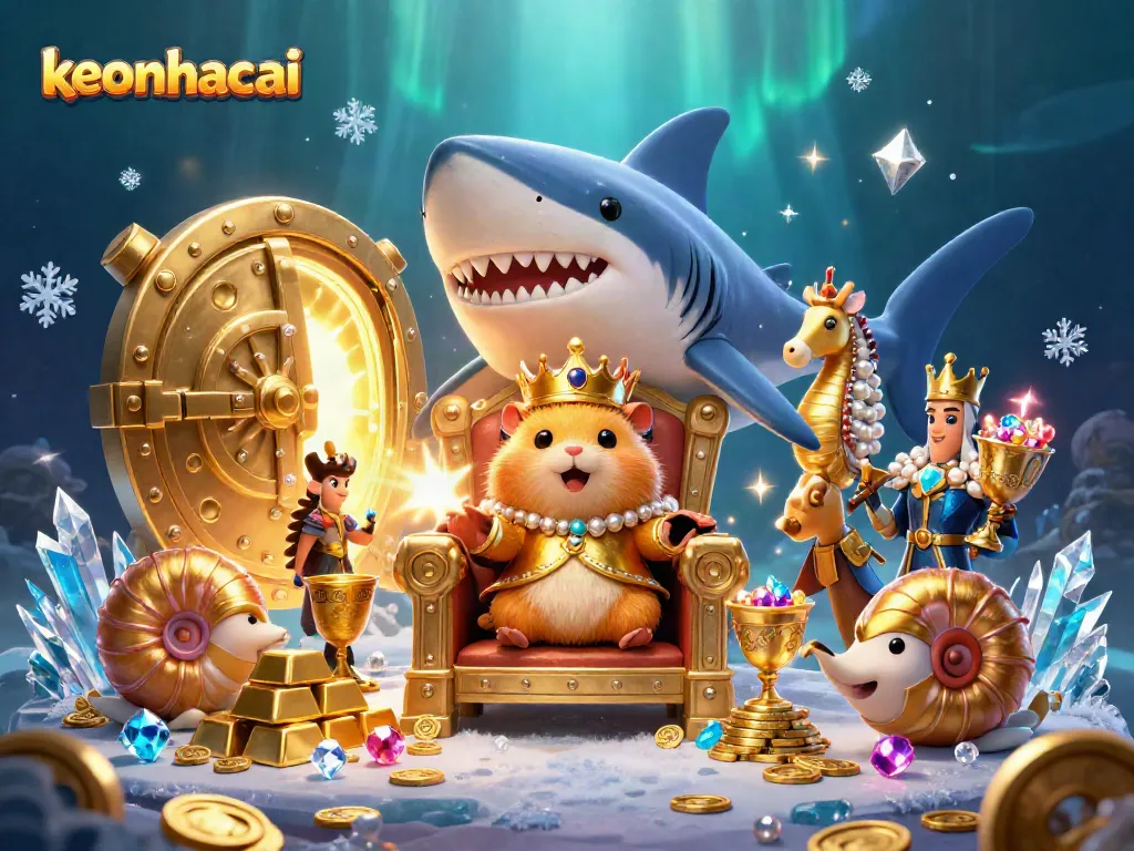 Engage with keonhacai's vibrant gaming scene featuring a golden hamster king amidst piles of treasures.