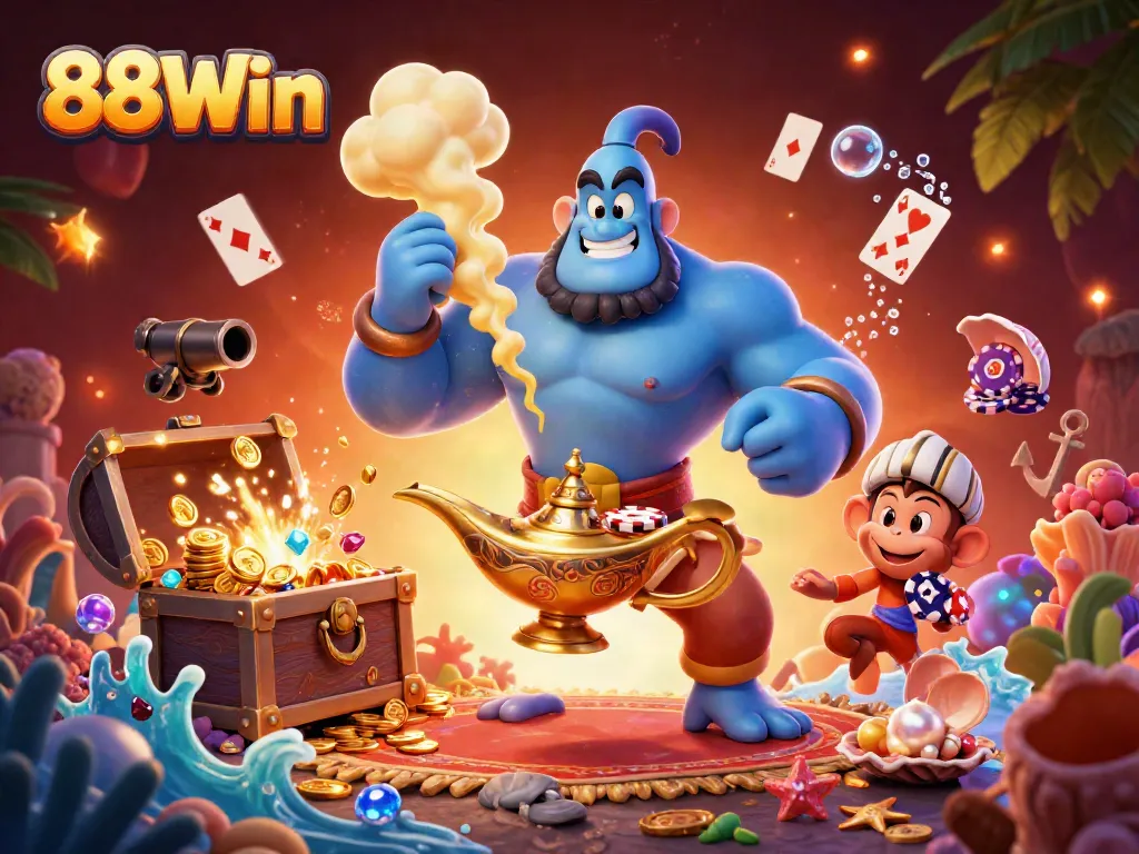 Experience the thrill of 88Win with a dynamic scene showcasing a genie and magic carpet amidst vibrant casino elements.