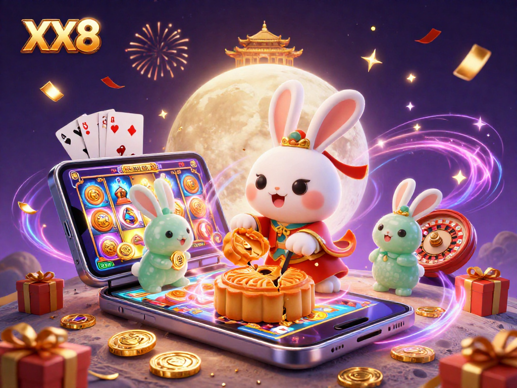 Engage with the festive XX8 illustration featuring moon rabbits and casino elements celebrating wins.