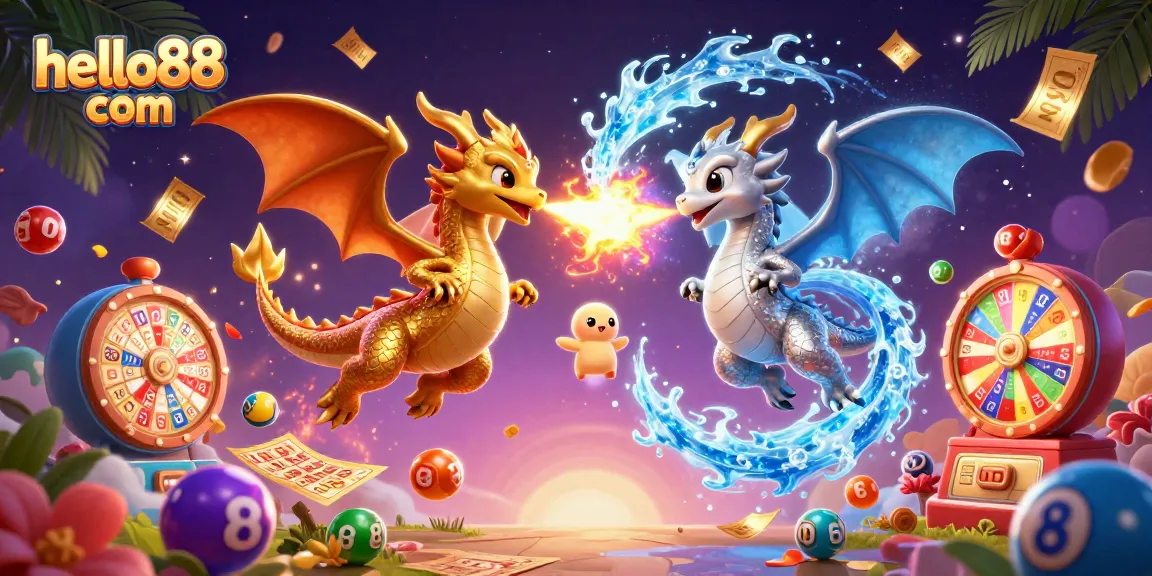 This dynamic illustration showcases vibrant dragons and gambling elements, promoting excitement at hello88 com.