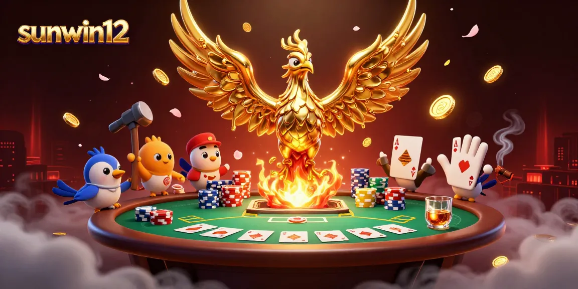 Experience the thrill of winning at sunwin12 with golden phoenix and poker elements in an action-packed scene.