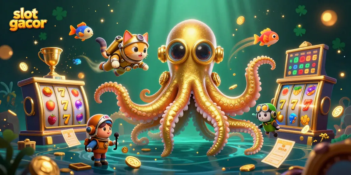 Experience the thrill of slot gacor with a kraken and diving cat in a treasure-filled scene.
