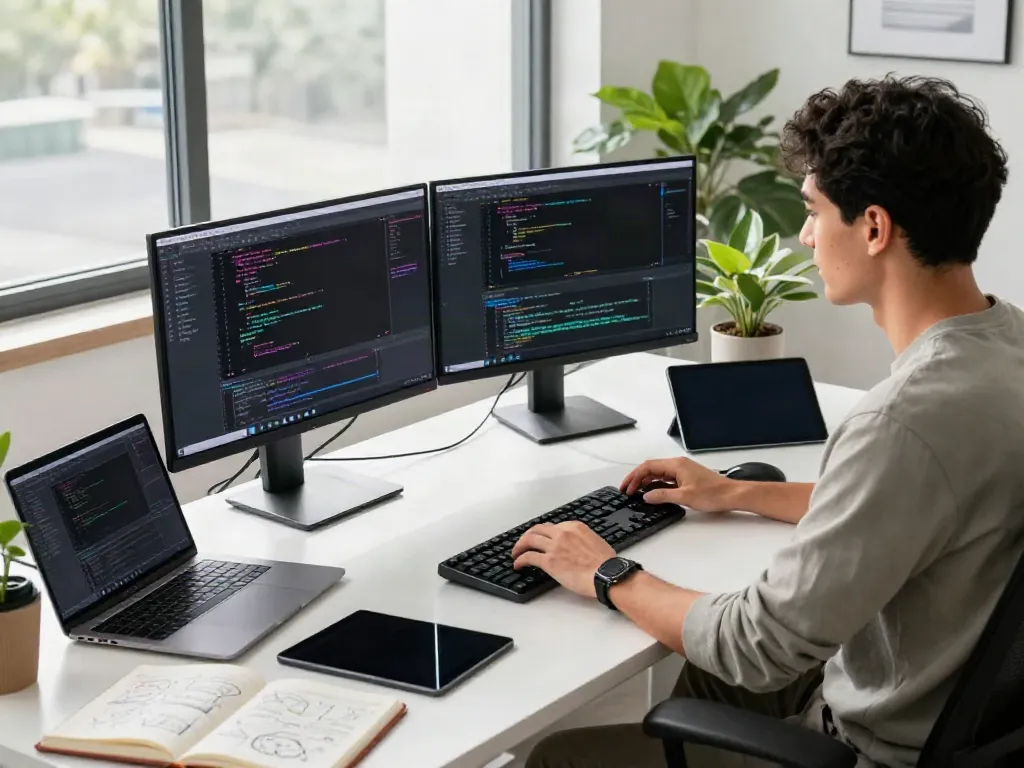 Workspace for instant indexing development, featuring vibrant coding displays and a focused developer.