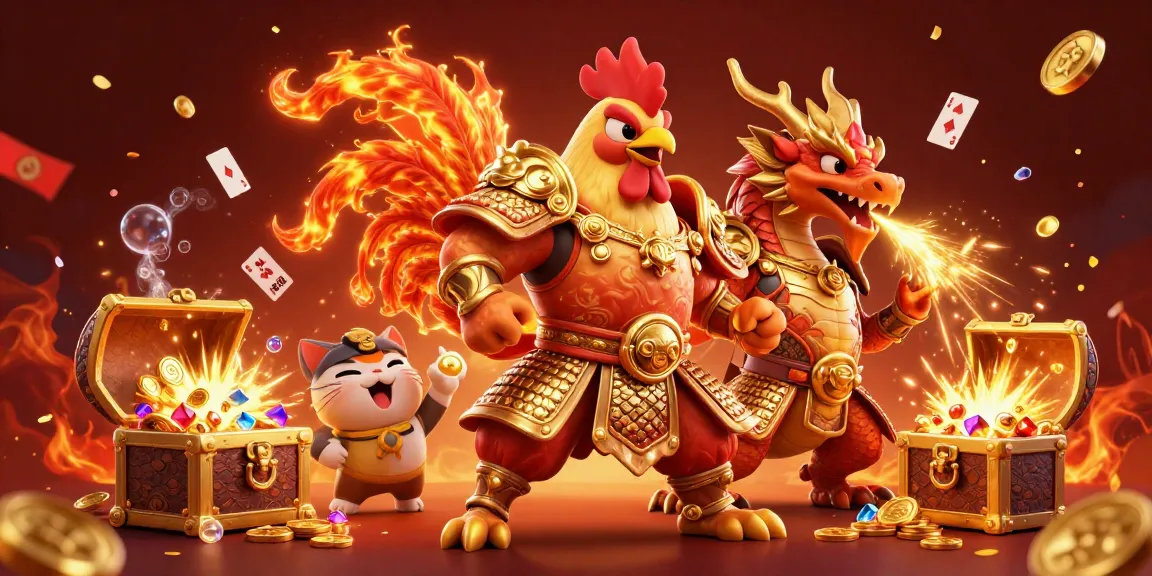 Engage in thrilling casino action with FB88 through a vibrant scene featuring a rooster warrior, dragon hatchling, and fortune cat.