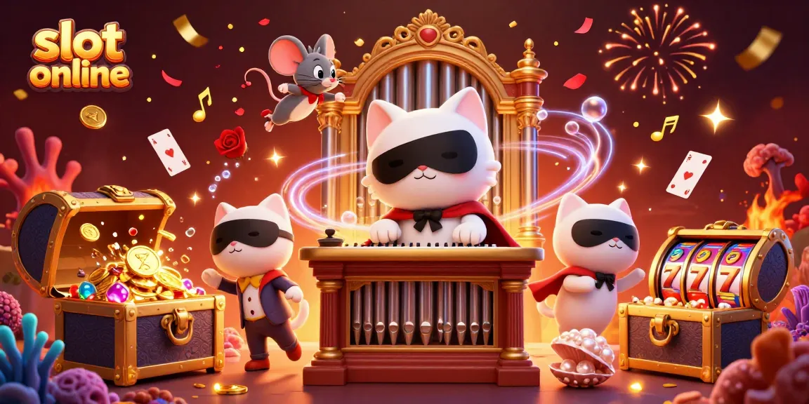 Spin the reels of slot online magic with a whimsical cat at the organ, confetti, and treasure.