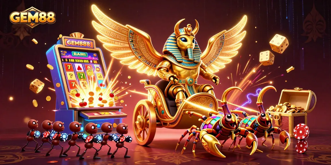 Experience GEM88's thrilling jackpot action with a vibrant 3D casino scene featuring a colossal scarab beetle.
