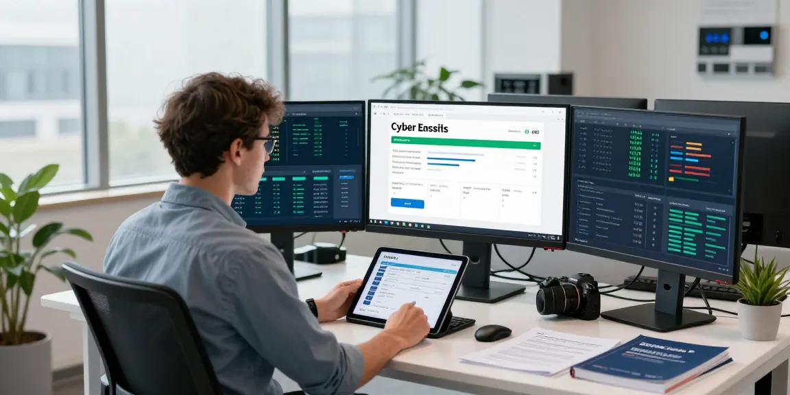 IT professional reviewing iasme cyber essentials certification progress in a modern office setting