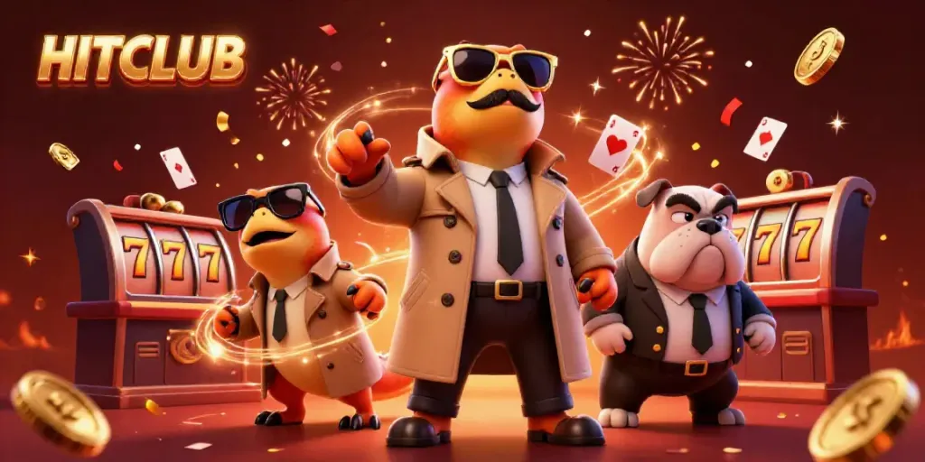 Engage with HITCLUB in a vibrant casino scene featuring clever raptors, colorful slot reels, and dynamic celebratory elements.