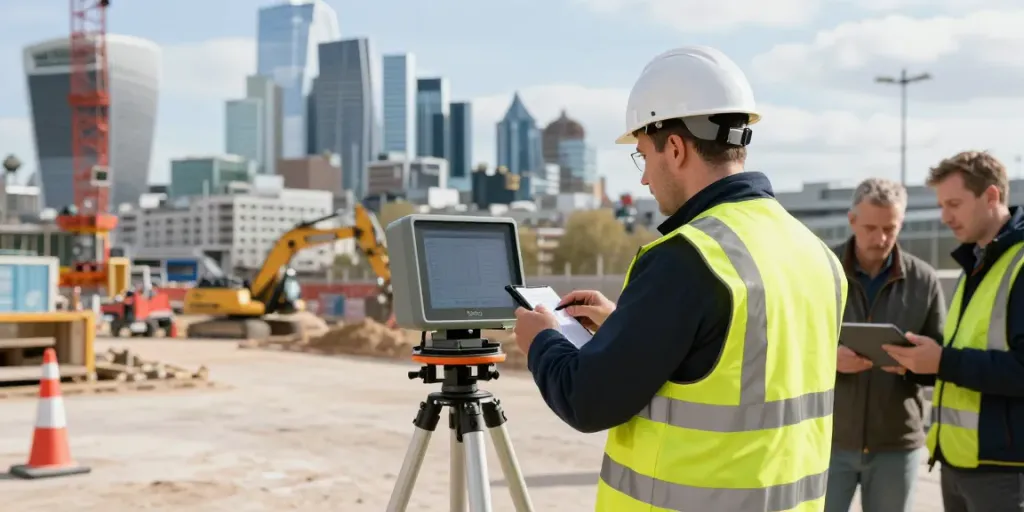 GPR Utility Survey London at a construction site with a surveyor using radar equipment.