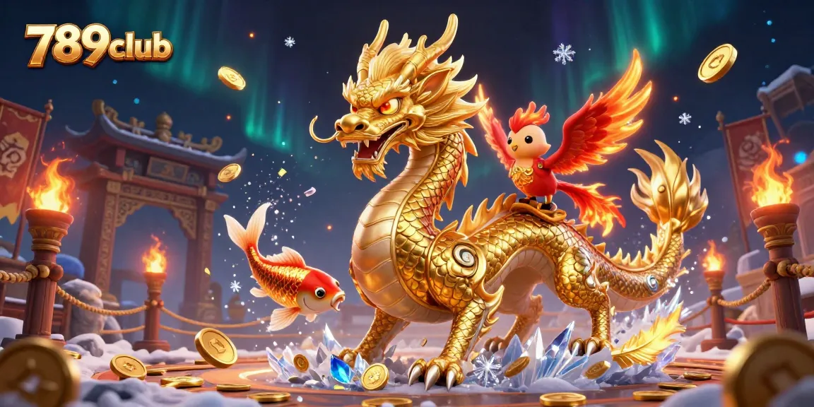 Experience the excitement of 789club with a lively scene featuring a golden dragon, phoenix, and koi fish amidst vibrant casino elements.
