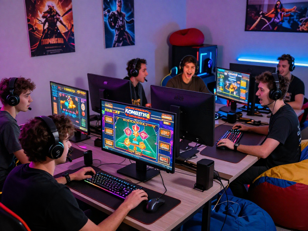 Online gaming scene with players immersed in KOMBET168 action and vibrant graphics.
