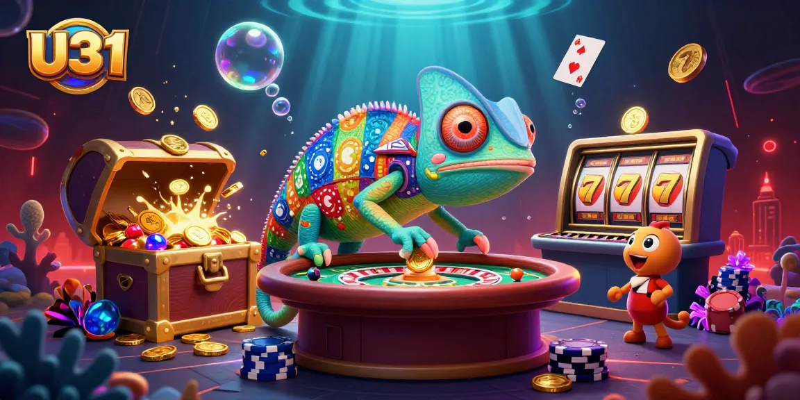 U31 casino owner chameleon snatches golden coins while overseeing exciting gameplay, showcasing dynamic elements.