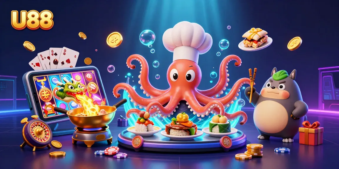 U88 slots experience with dynamic characters preparing dishes amidst golden coins and vibrant gaming elements.
