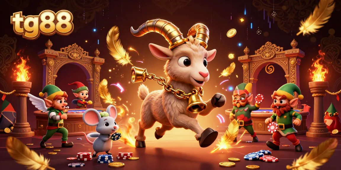 Tg88 casino features energy with Krampus and angel mouse amidst festive gaming chaos, showcasing vibrant dynamics.