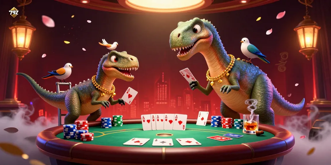 Experience 79Z's vibrant casino setting as a giant brontosaurus peers down from above a lively poker game filled with colorful chips and cards.