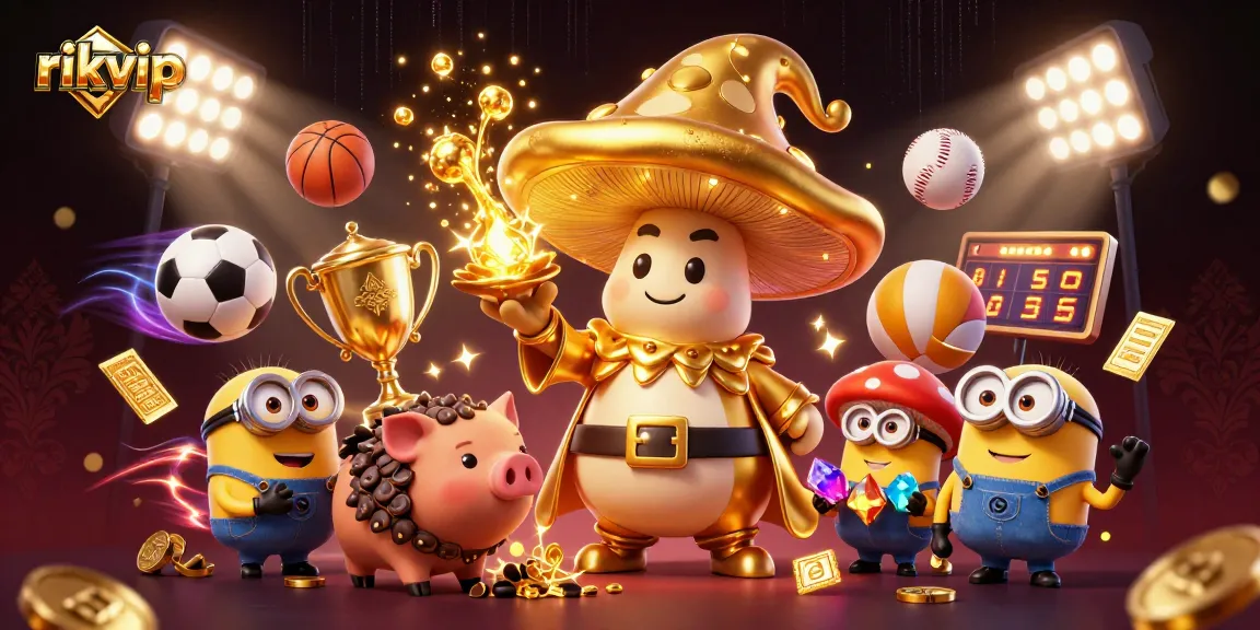 Win big at rikvip with dynamic sports-themed 3D illustration showcasing enchanting characters and game elements.