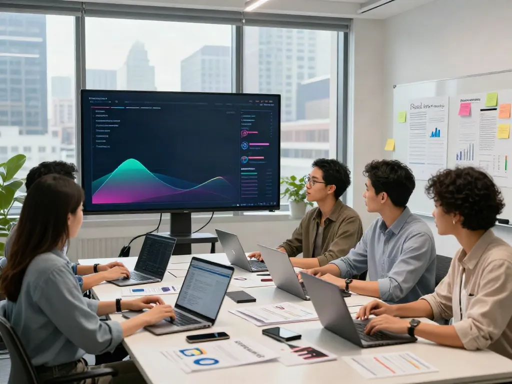 Digital marketing team discussing Paid Ads Management strategy in a modern office with analytics charts on screen.