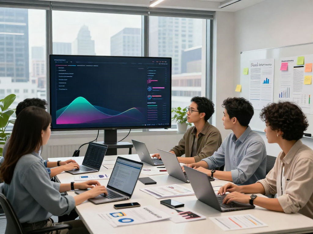 Digital marketing team discussing Paid Ads Management strategy in a modern office with analytics charts on screen.