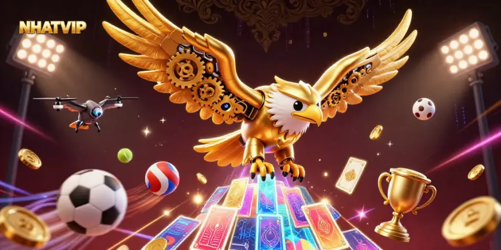NHATVIP-themed vibrant 3D illustration of a cybernetic eagle diving with playing cards, showcasing an energetic online casino atmosphere.