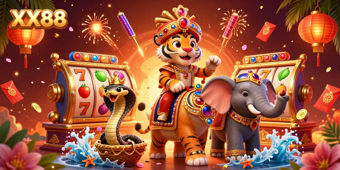 Engage in slots with XX88 featuring a maharaja tiger, jewel-encrusted elephant, and vibrant casino elements.