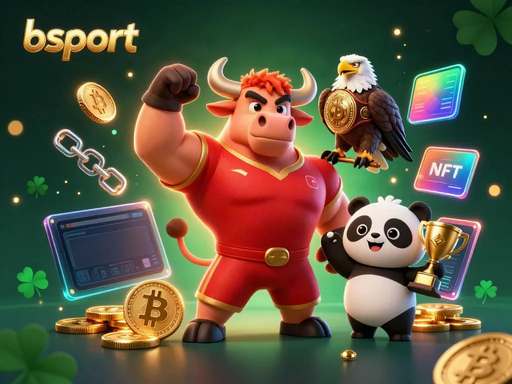 Bet securely on bsport with a vibrant 3D scene featuring a bull mascot, eagle, and panda celebrating